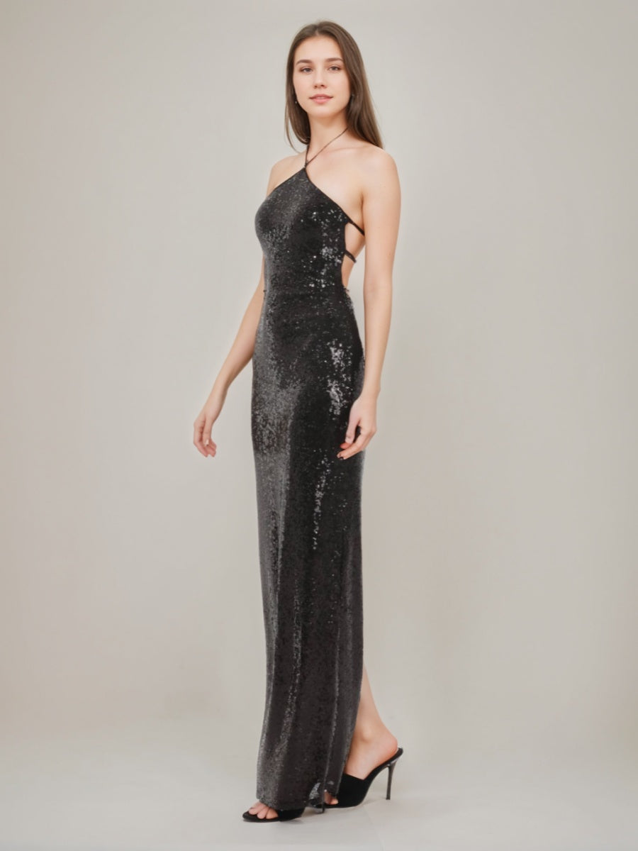 Sheath/Column Halter Backless Sequined Prom Dresses with Self-tie/Slit BabaMila