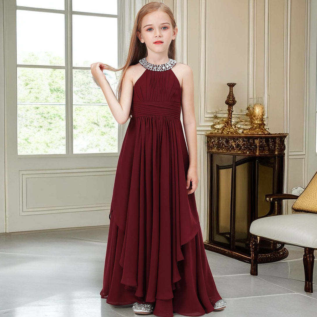 Halter Sleeveless Chiffon Floor-Length Junior Bridesmaid Dress/Girls Birthday Dresses With Pleated/Belt/Beads Girls Gidiondress