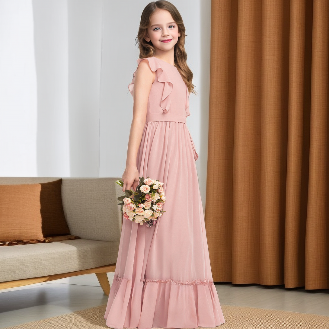 Scoop Neck Flutter Straps Floor-Length Chiffon Junior Bridesmaid Dress/Girls Birthday Dresses With Ruffled Hem/Belt/Pleated Girls Gidiondress