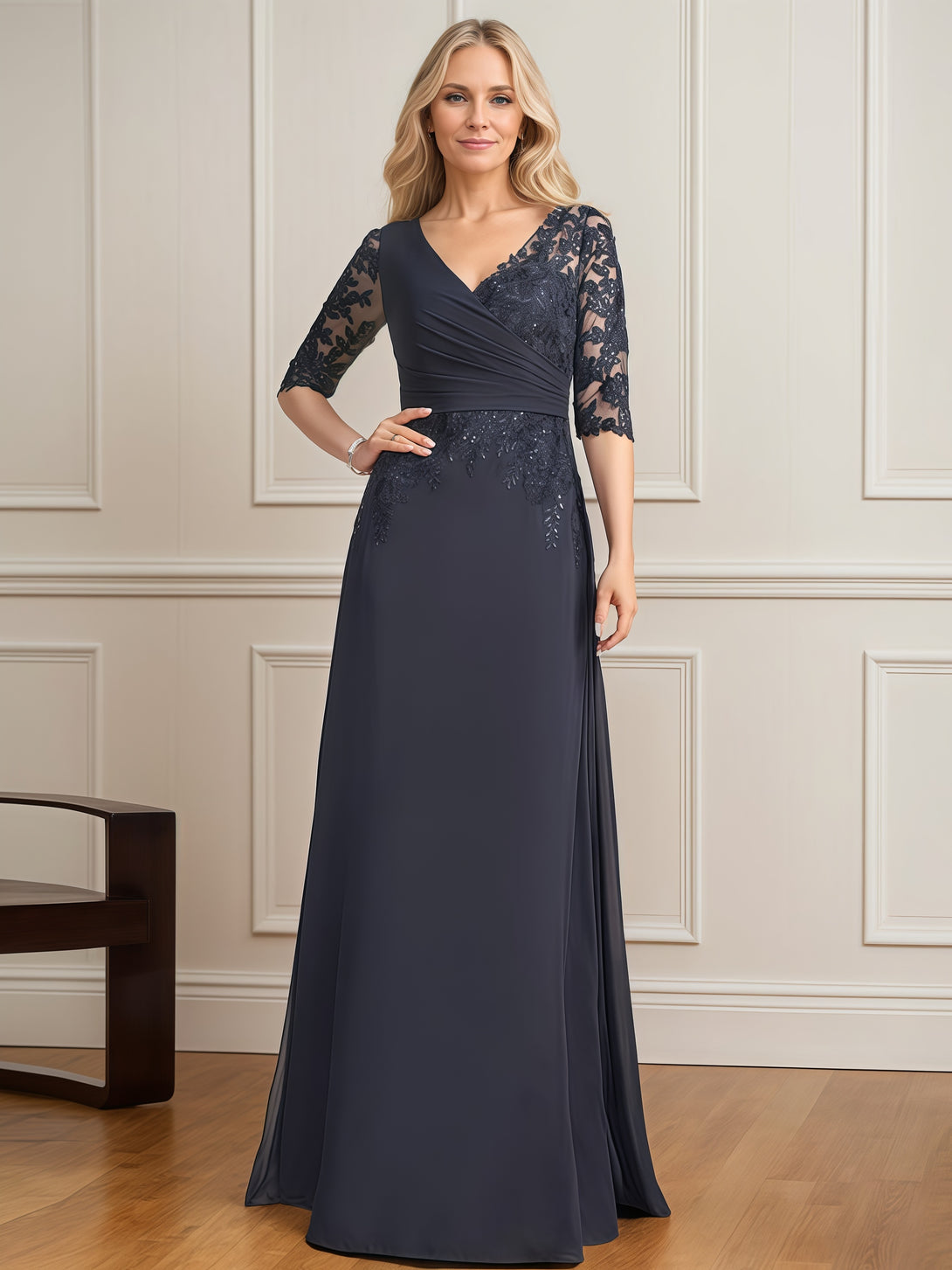 A-Line V-Neck Half Sleeve Floor-Length Chiffon/Sequins/Lace Mother of the Bride Dress With Appliques/Pleated BabaMila
