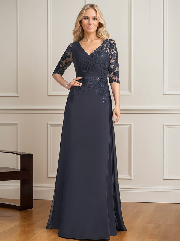 A-Line V-Neck Half Sleeve Floor-Length Chiffon/Sequins/Lace Mother of the Bride Dress With Appliques/Pleated BabaMila