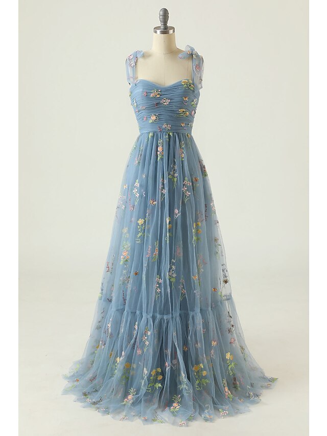A-Line/Princess Spaghetti Straps Lace/Tulle Dusty Blue Floor-length Long Prom Floral Dresses BabaMila
