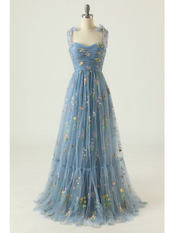 A-Line/Princess Spaghetti Straps Lace/Tulle Dusty Blue Floor-length Long Prom Floral Dresses BabaMila