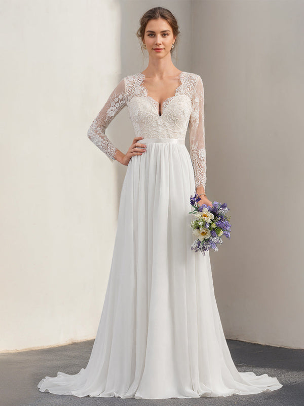 A-Line/Princess Deep V-Neck Long Sleeves Floor-Length Unique Wedding Dress with Lace Appliques BabaMila