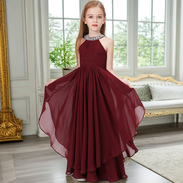Halter Sleeveless Chiffon Floor-Length Junior Bridesmaid Dress/Girls Birthday Dresses With Pleated/Belt/Beads Girls Gidiondress