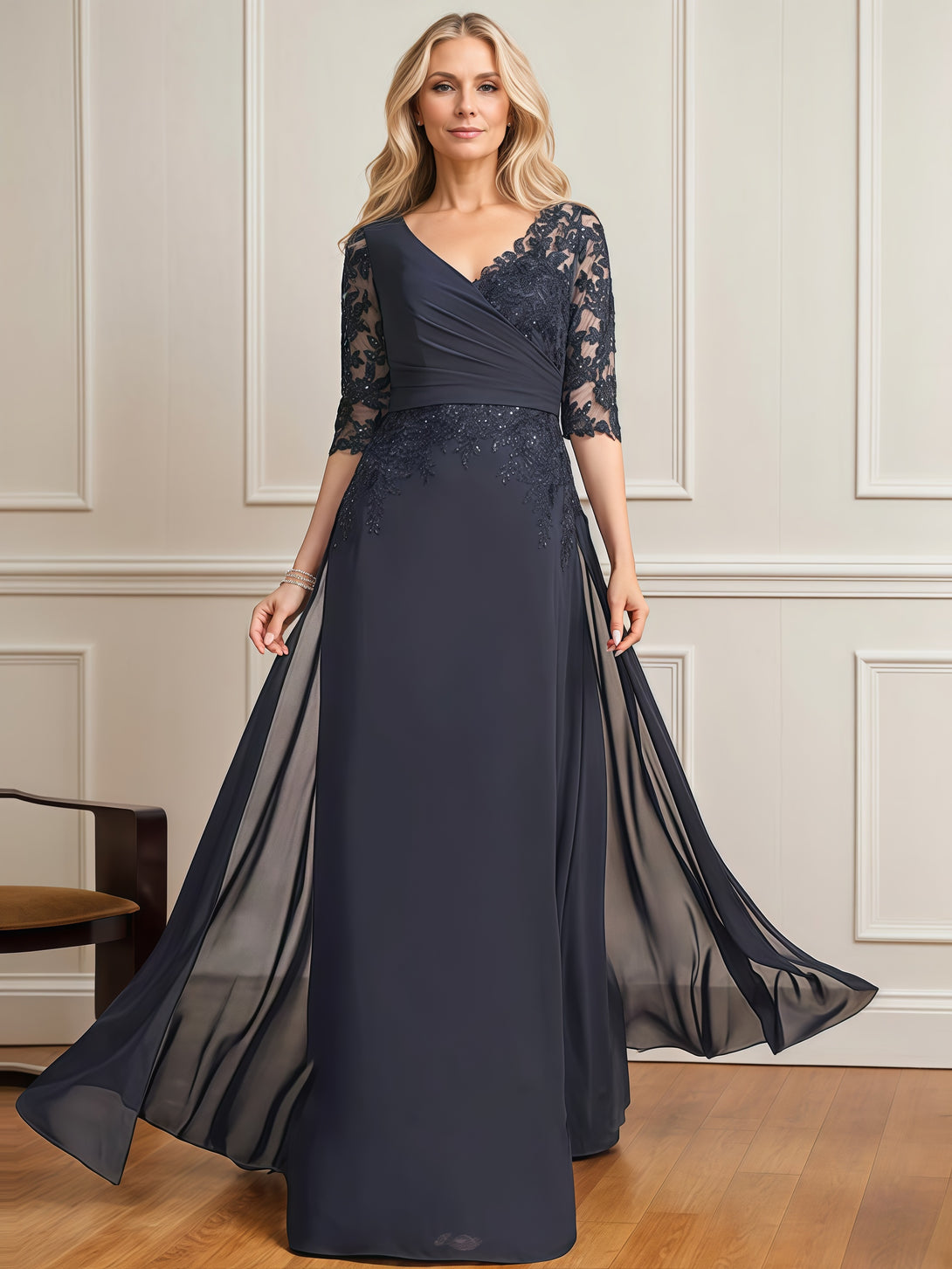 A-Line V-Neck Half Sleeve Floor-Length Chiffon/Sequins/Lace Mother of the Bride Dress With Appliques/Pleated BabaMila