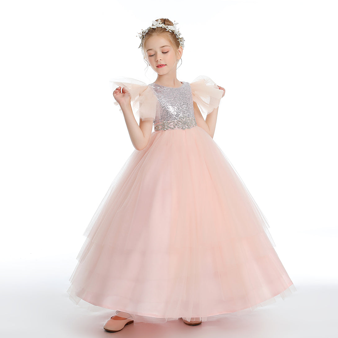 Ball Gown/Princess Flutter straps Scoop Neck Floor-Length Satin/Sequins/Tulle Flower Girl Dresses With Sequins/Beads Belt Girls Gidiondress