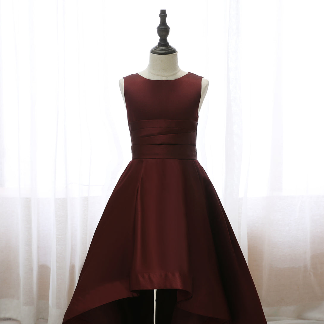 Boat Neck Sleeveless Floor-Length Asymmetrical Satin Girls Birthday Dresses With Pleated Gidiondress