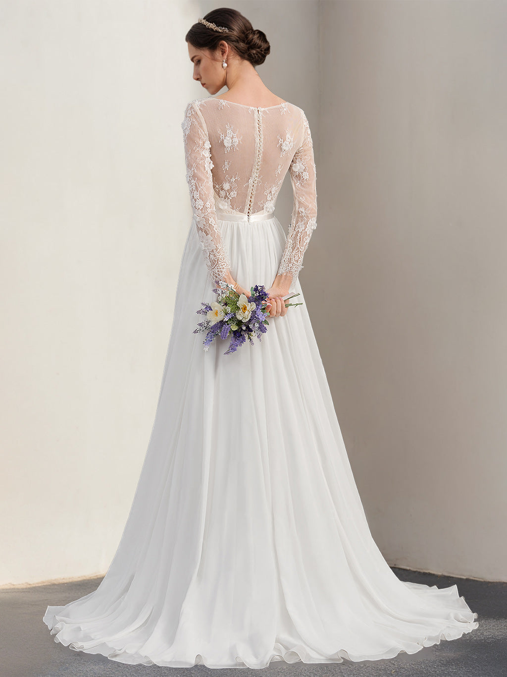 A-Line/Princess Deep V-Neck Long Sleeves Floor-Length Unique Wedding Dress with Lace Appliques BabaMila
