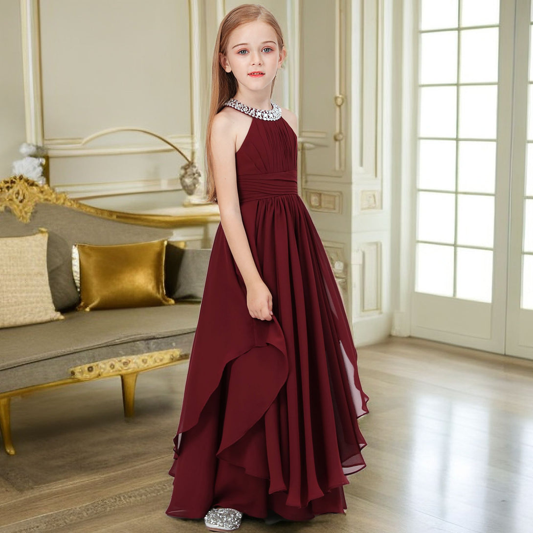 Halter Sleeveless Chiffon Floor-Length Junior Bridesmaid Dress/Girls Birthday Dresses With Pleated/Belt/Beads Girls Gidiondress