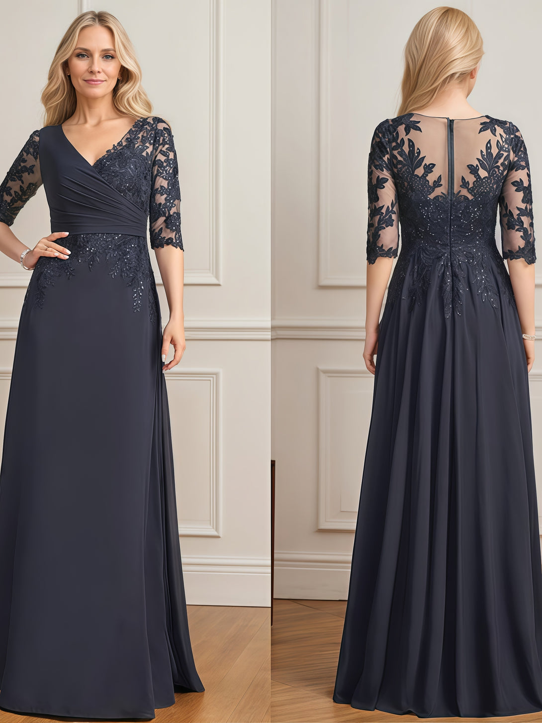 A-Line V-Neck Half Sleeve Floor-Length Chiffon/Sequins/Lace Mother of the Bride Dress With Appliques/Pleated BabaMila