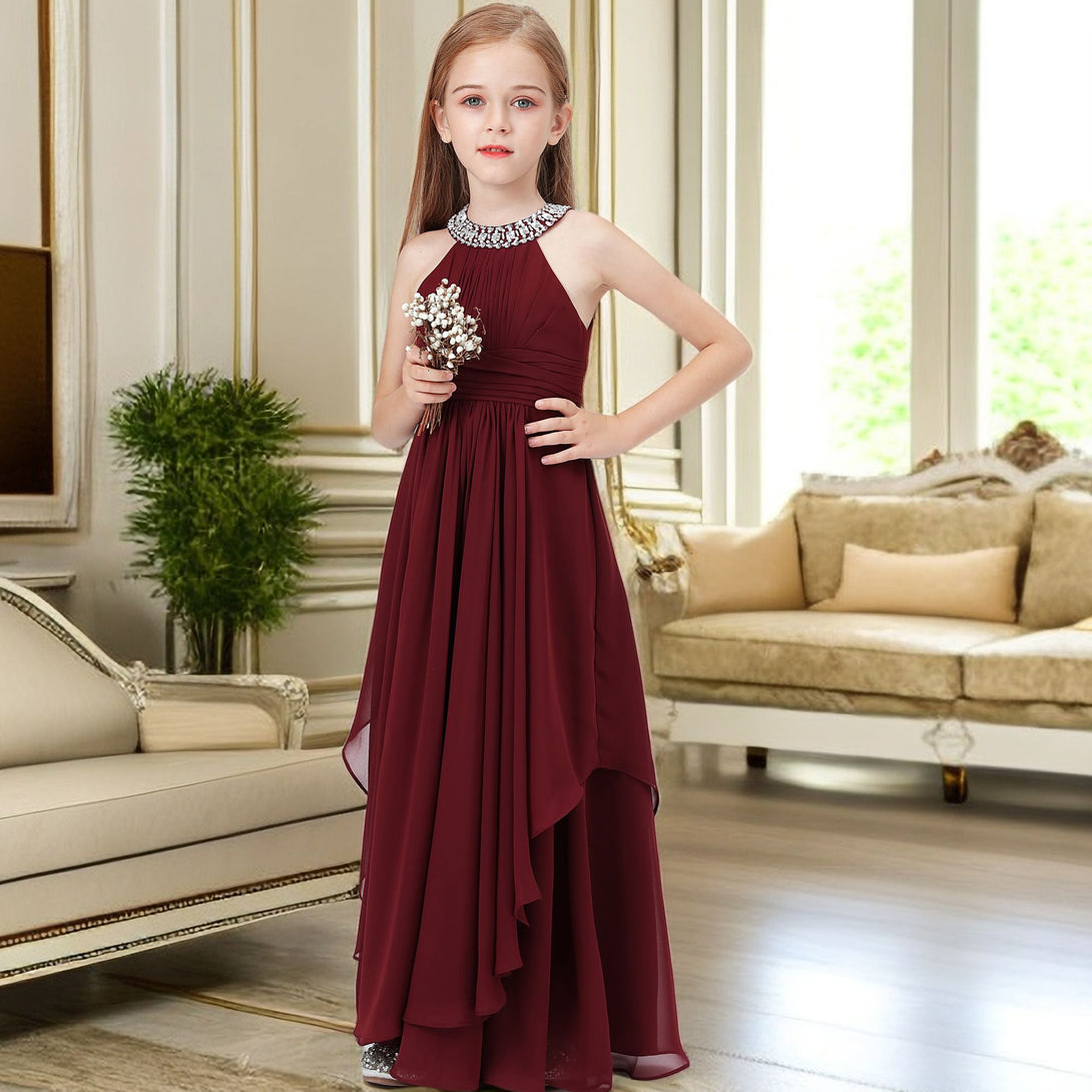 Halter Sleeveless Chiffon Floor-Length Junior Bridesmaid Dress/Girls Birthday Dresses With Pleated/Belt/Beads Girls Gidiondress