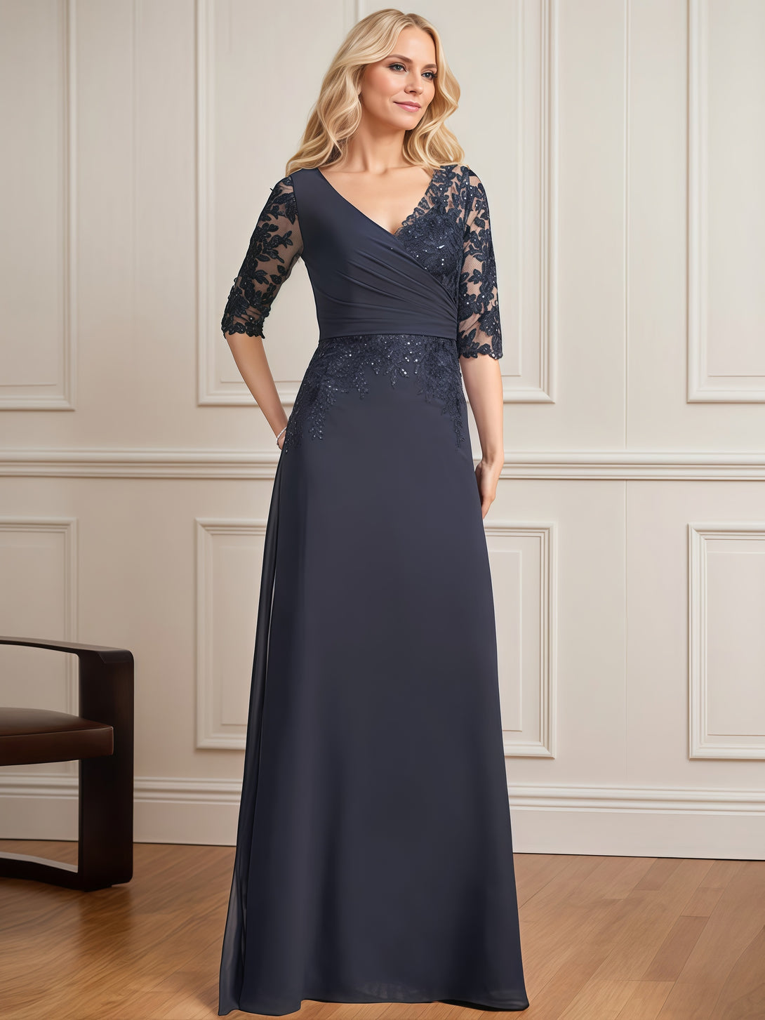 A-Line V-Neck Half Sleeve Floor-Length Chiffon/Sequins/Lace Mother of the Bride Dress With Appliques/Pleated BabaMila