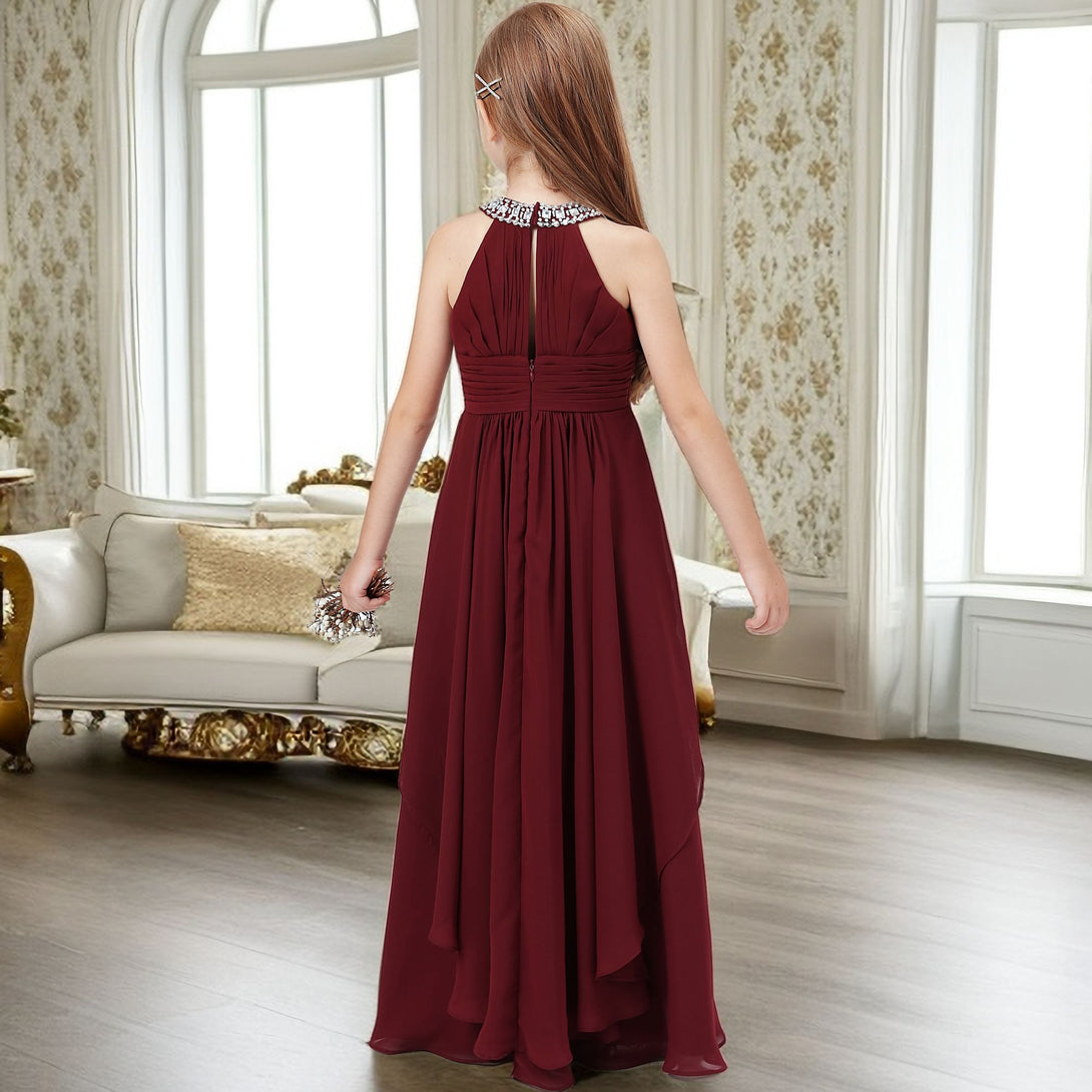 Halter Sleeveless Chiffon Floor-Length Junior Bridesmaid Dress/Girls Birthday Dresses With Pleated/Belt/Beads Girls Gidiondress