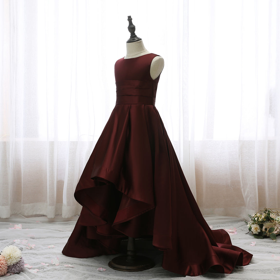 Boat Neck Sleeveless Floor-Length Asymmetrical Satin Girls Birthday Dresses With Pleated Gidiondress