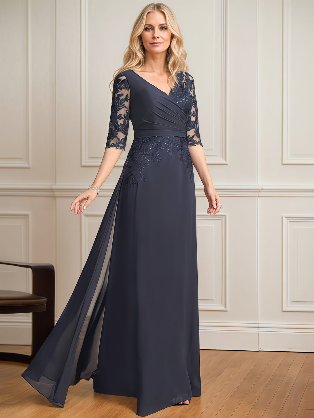 A-Line V-Neck Half Sleeve Floor-Length Chiffon/Sequins/Lace Mother of the Bride Dress With Appliques/Pleated BabaMila