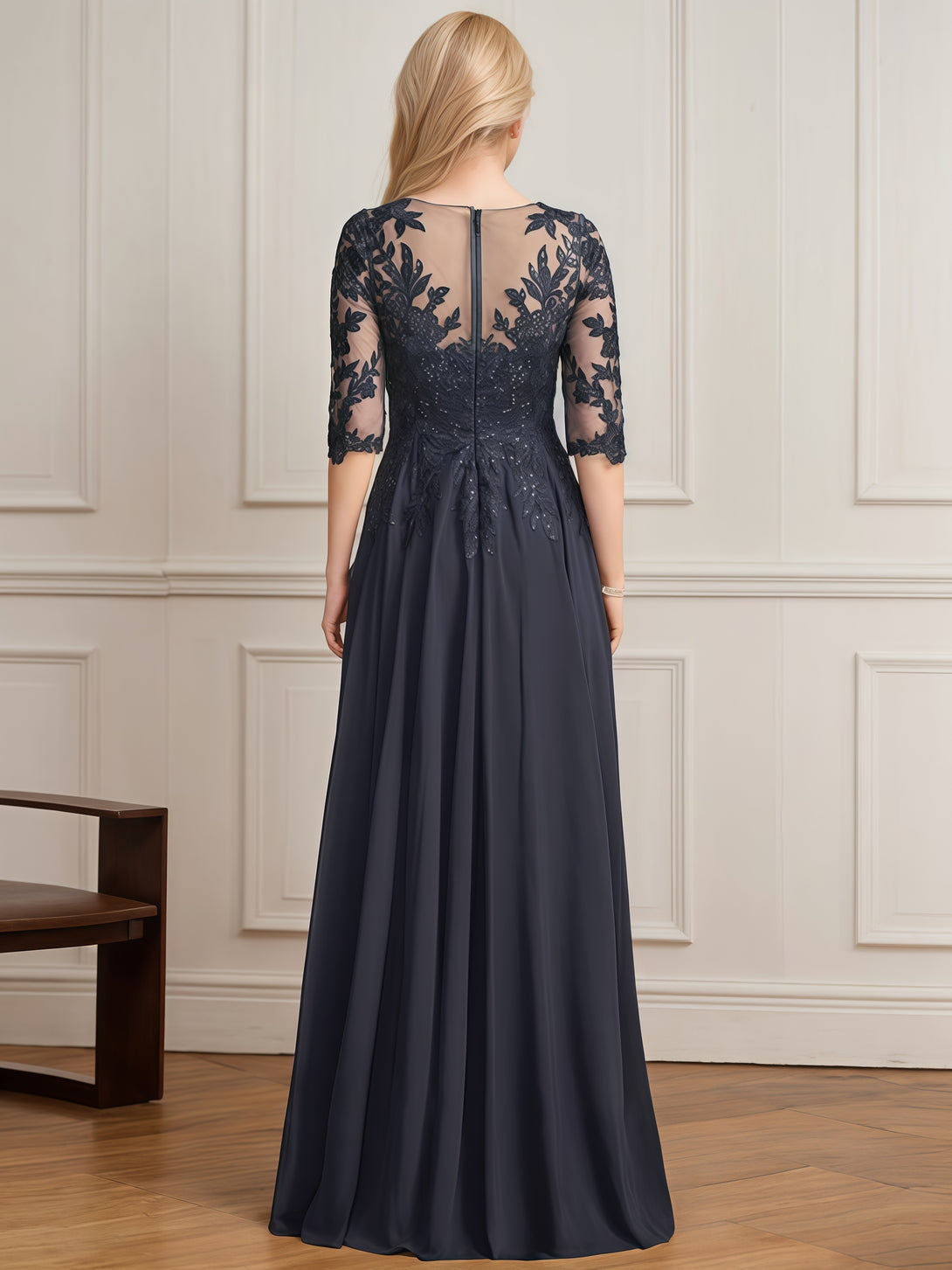 A-Line V-Neck Half Sleeve Floor-Length Chiffon/Sequins/Lace Mother of the Bride Dress With Appliques/Pleated BabaMila