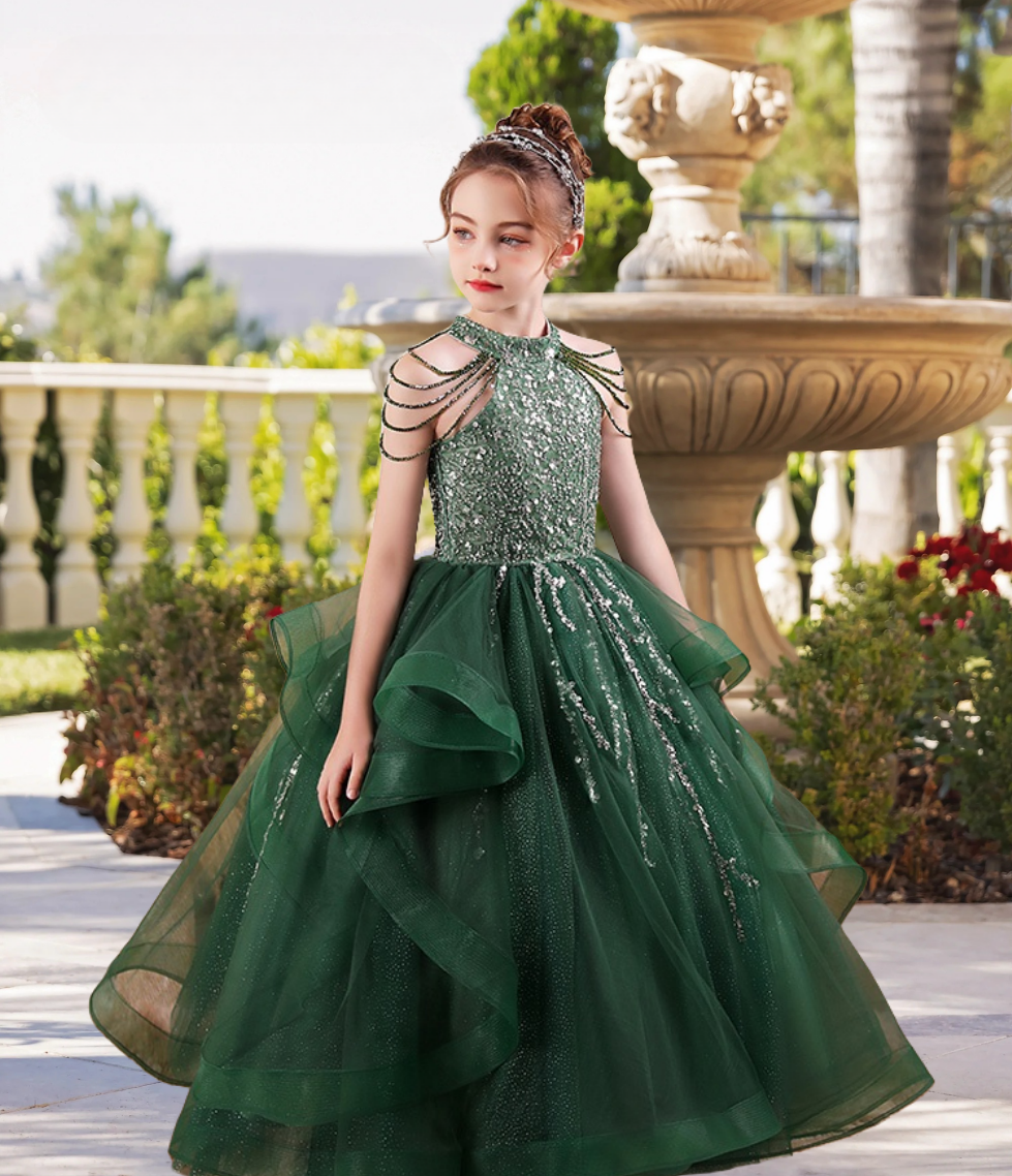 Elegant Halter Cold Shoulder Floor-Length Sequins/Tulle Girls Birthday Dresses With Beads Girls Gidiondress