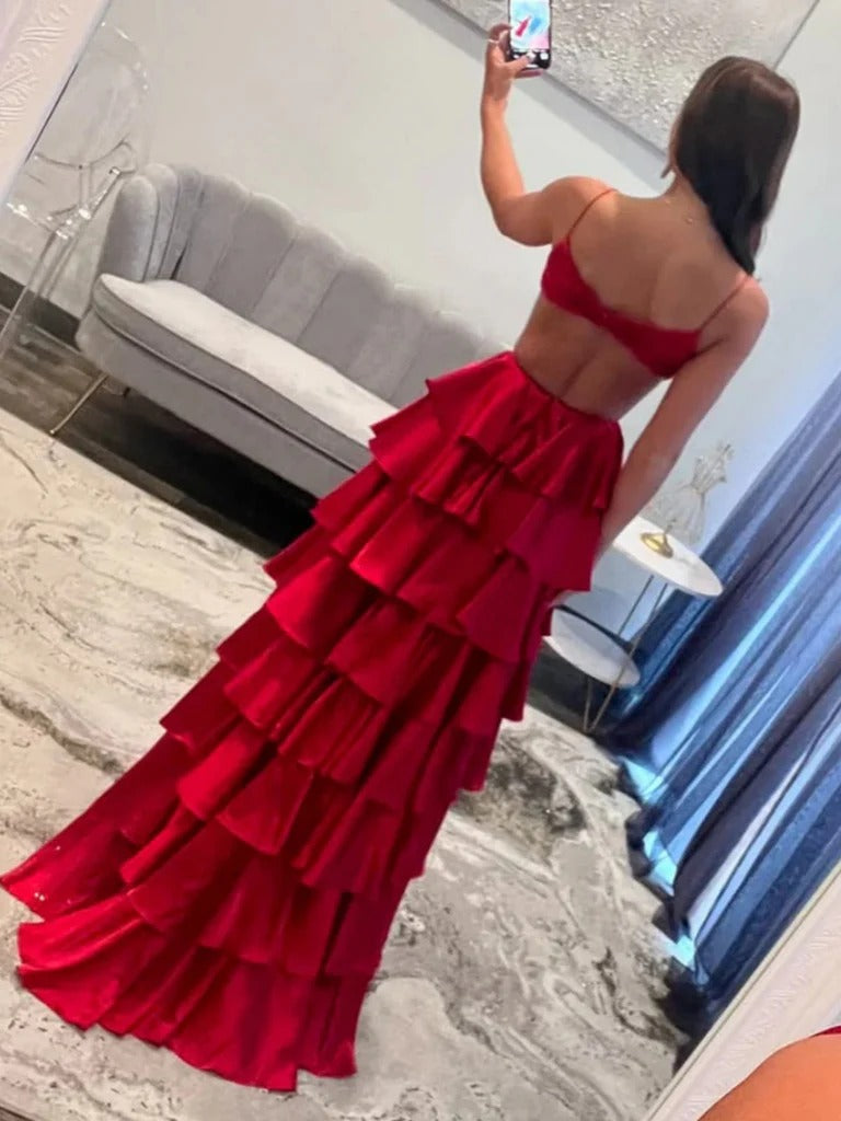 A Line V Neck Yellow Red Open Back Long Prom Dresses, V Neck Red Yellow Backles Formal Evening Dresses BabaMila