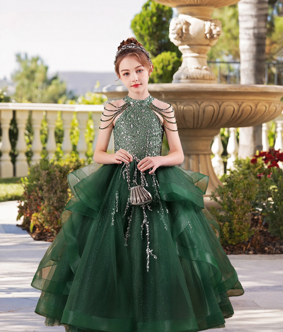 Elegant Halter Cold Shoulder Floor-Length Sequins/Tulle Girls Birthday Dresses With Beads Girls Gidiondress