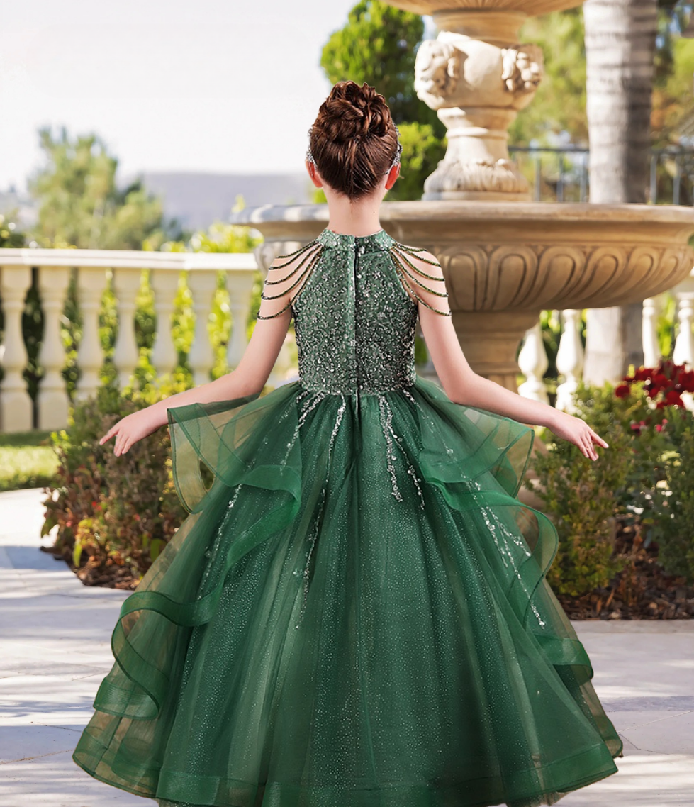 Elegant Halter Cold Shoulder Floor-Length Sequins/Tulle Girls Birthday Dresses With Beads Girls Gidiondress
