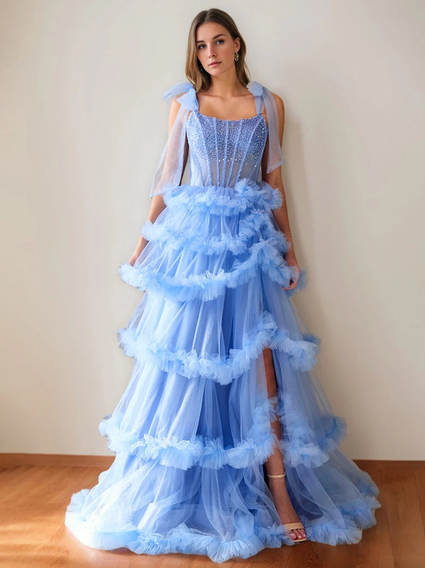 A-Line/Princess Cowl Neck Sleeveless Floor-Length Luxurious Prom Dresses with Crystal & Pleats BabaMila