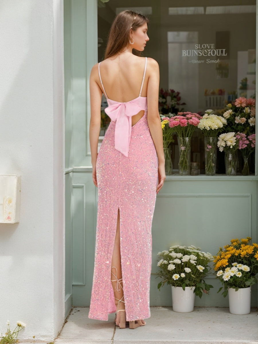 Sheath/Column Spaghetti Straps Sequined Prom Dresses with Back Bow/Slit BabaMila