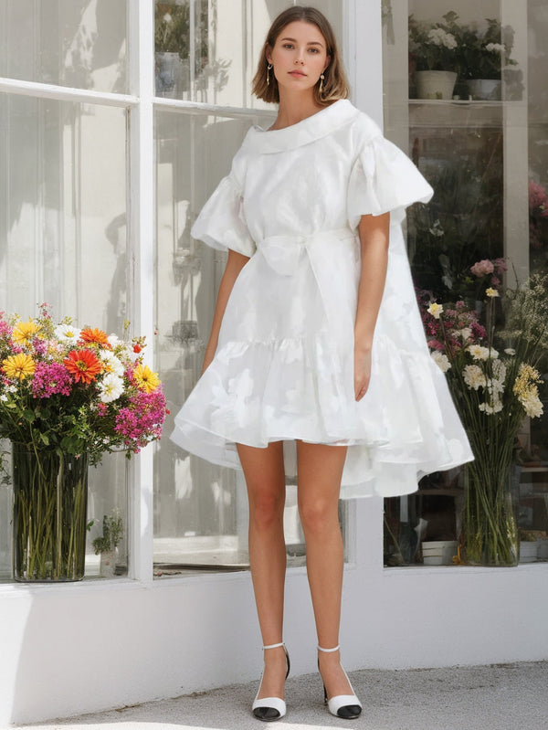 A-Line/Princess Round Short Sleeves Asymmetrical Wedding Dress With Bowknot BabaMila