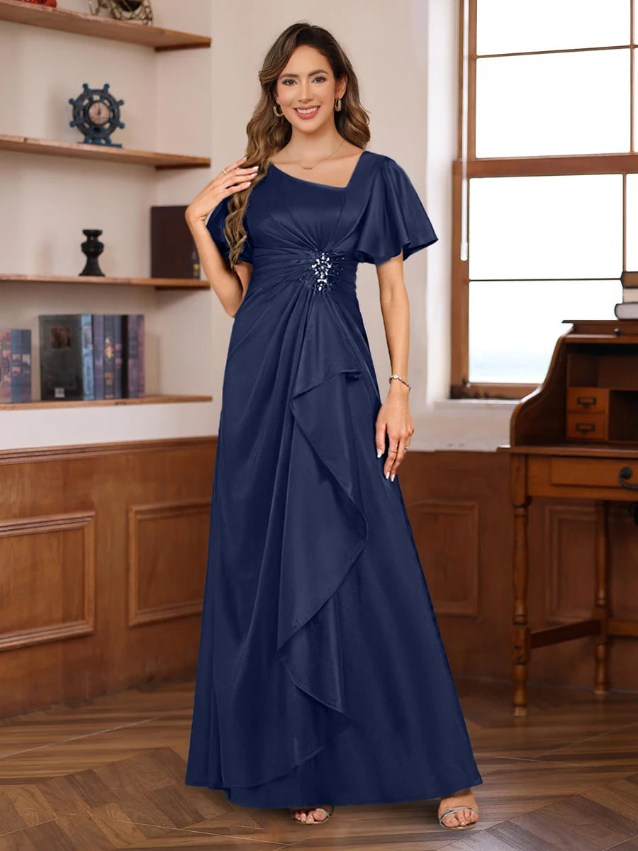 A-Line V Neck Short Sleeves Floor Length Luxurious Mother Of The Bride Dresses With Beadings & Sequins BabaMila