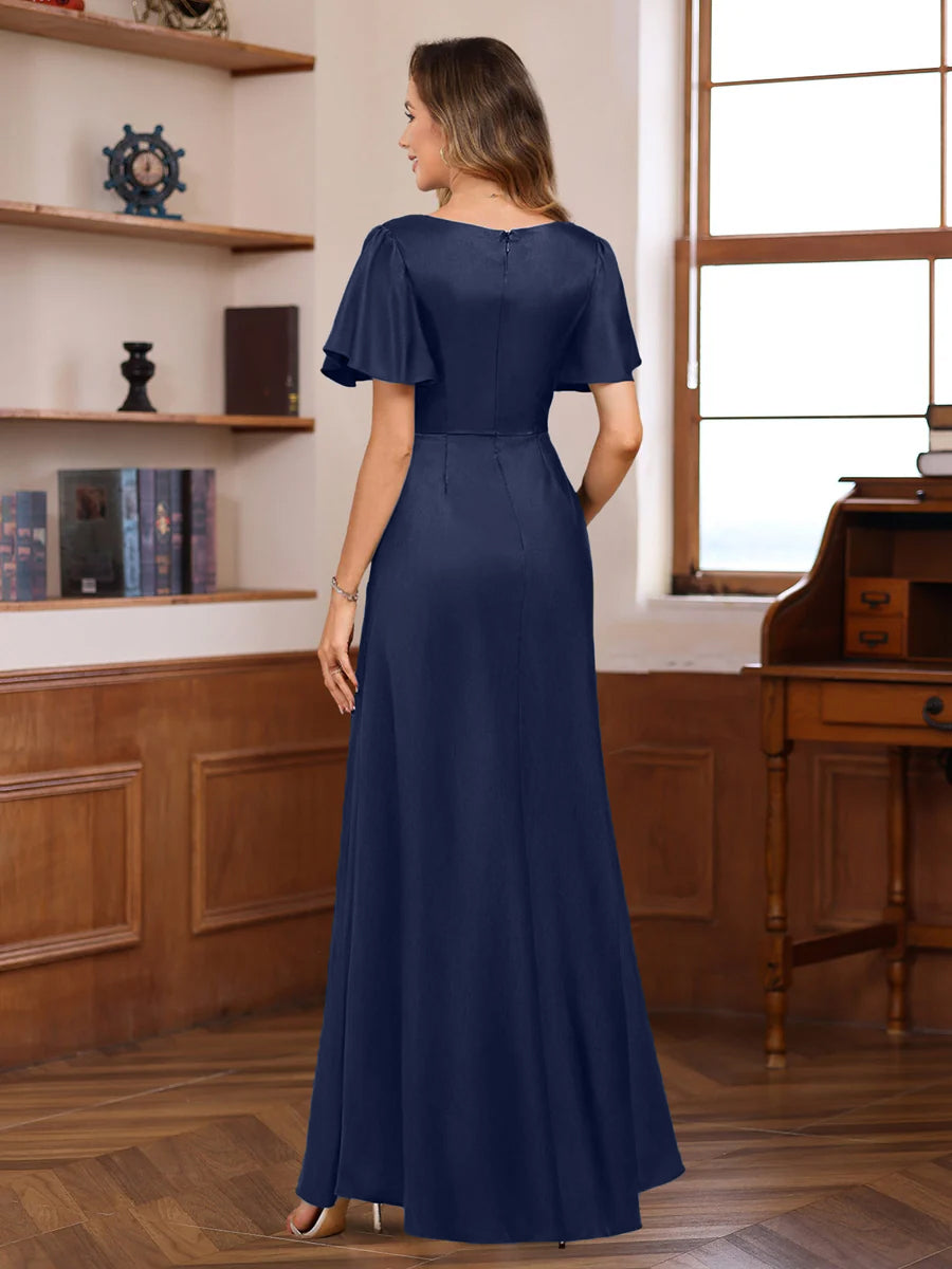 A-Line V Neck Short Sleeves Floor Length Luxurious Mother Of The Bride Dresses With Beadings & Sequins BabaMila