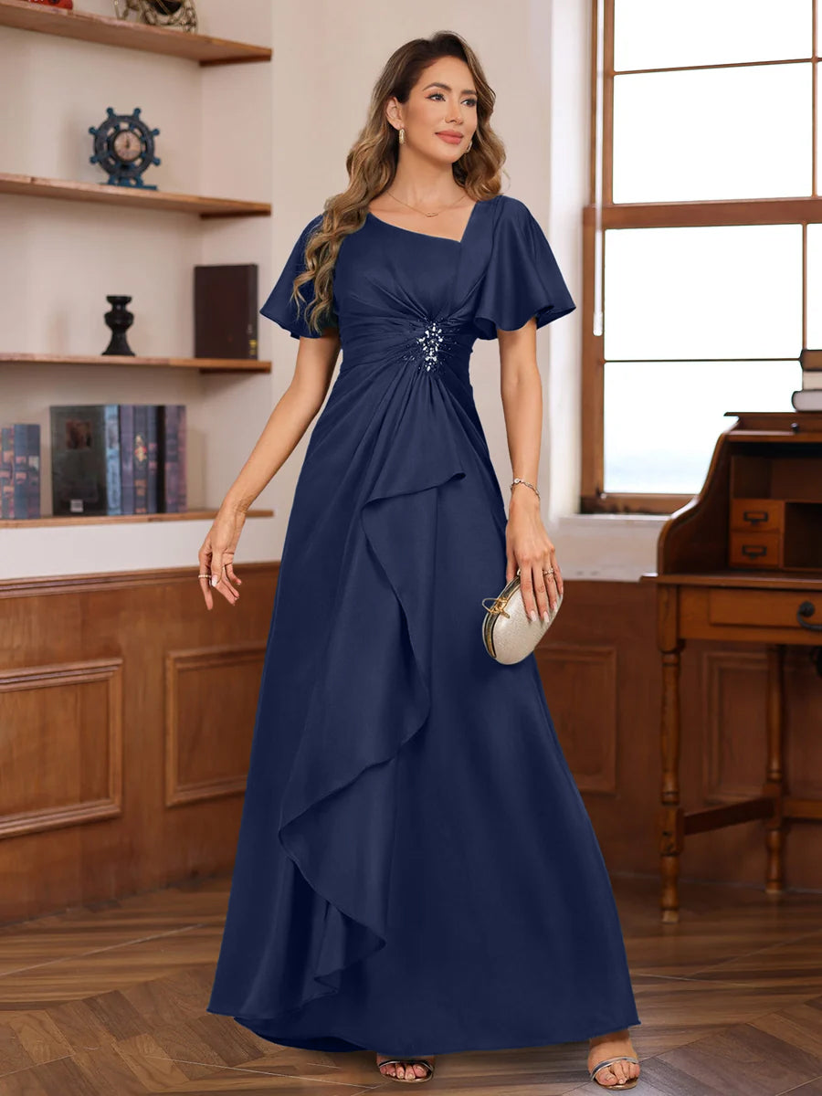 A-Line V Neck Short Sleeves Floor Length Luxurious Mother Of The Bride Dresses With Beadings & Sequins BabaMila