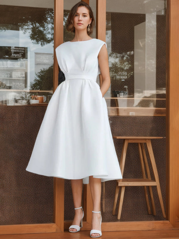A-Line/Princess Scoop Sleeveless Tea Length Wedding Dress With Ruffles BabaMila