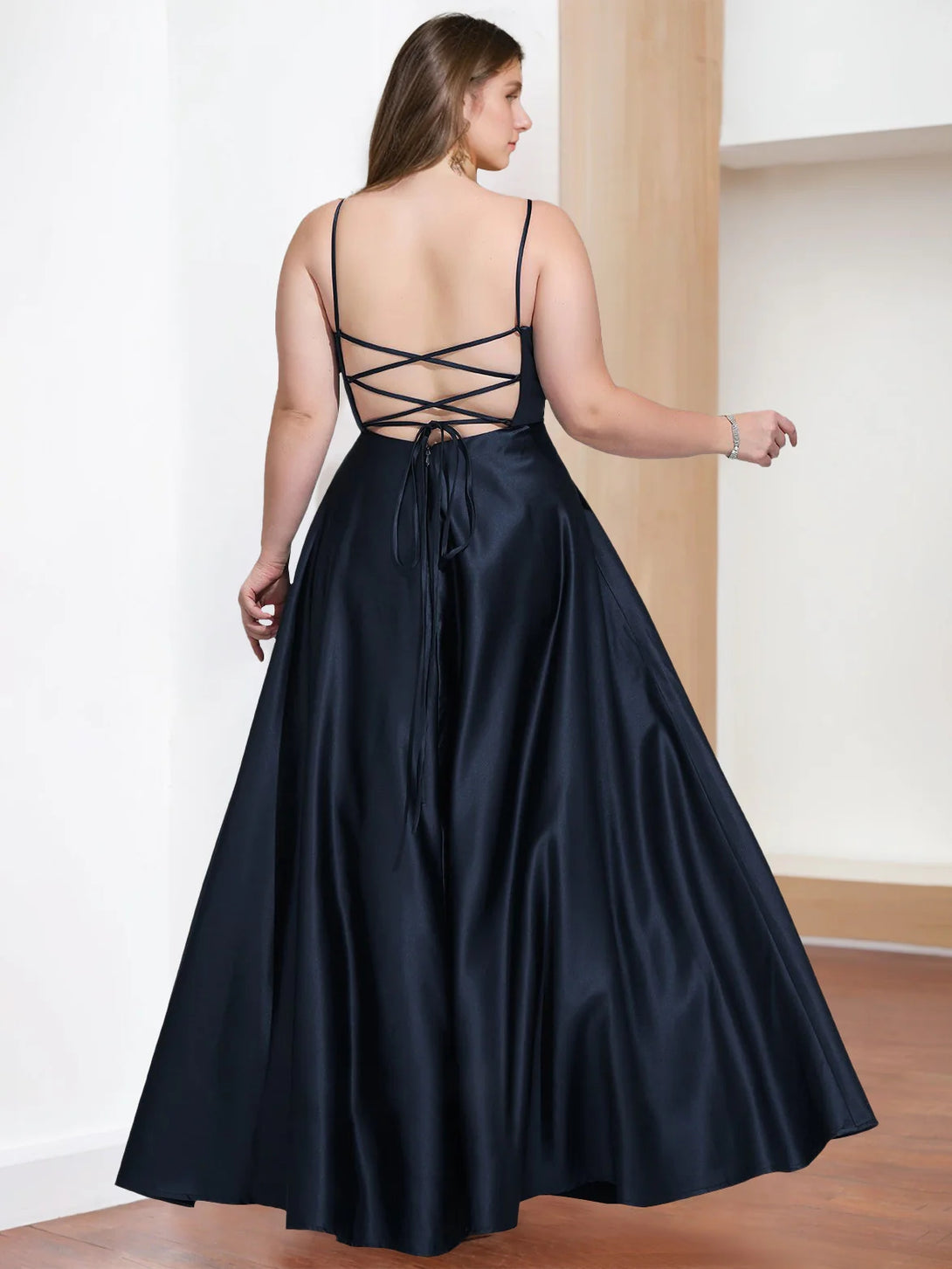 A-Line/Princess V-Neck Spaghetti Straps Sleeveless Floor-Length Plus Size Prom Evening Dresses with Split Side BabaMila