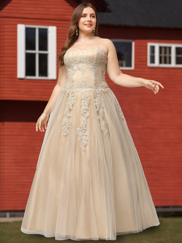 Ball Gown Sweetheart Neckline Sleeveless Floor-Length Tulle Plus Size Prom Dresses with Appliques/Lace/Beads BabaMila