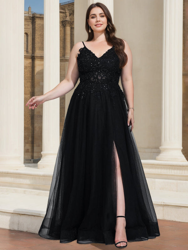 A-Line/Princess V-Neck Sleeveless Floor-Length Plus Size Prom Dresses With Sequins/Split Side BabaMila