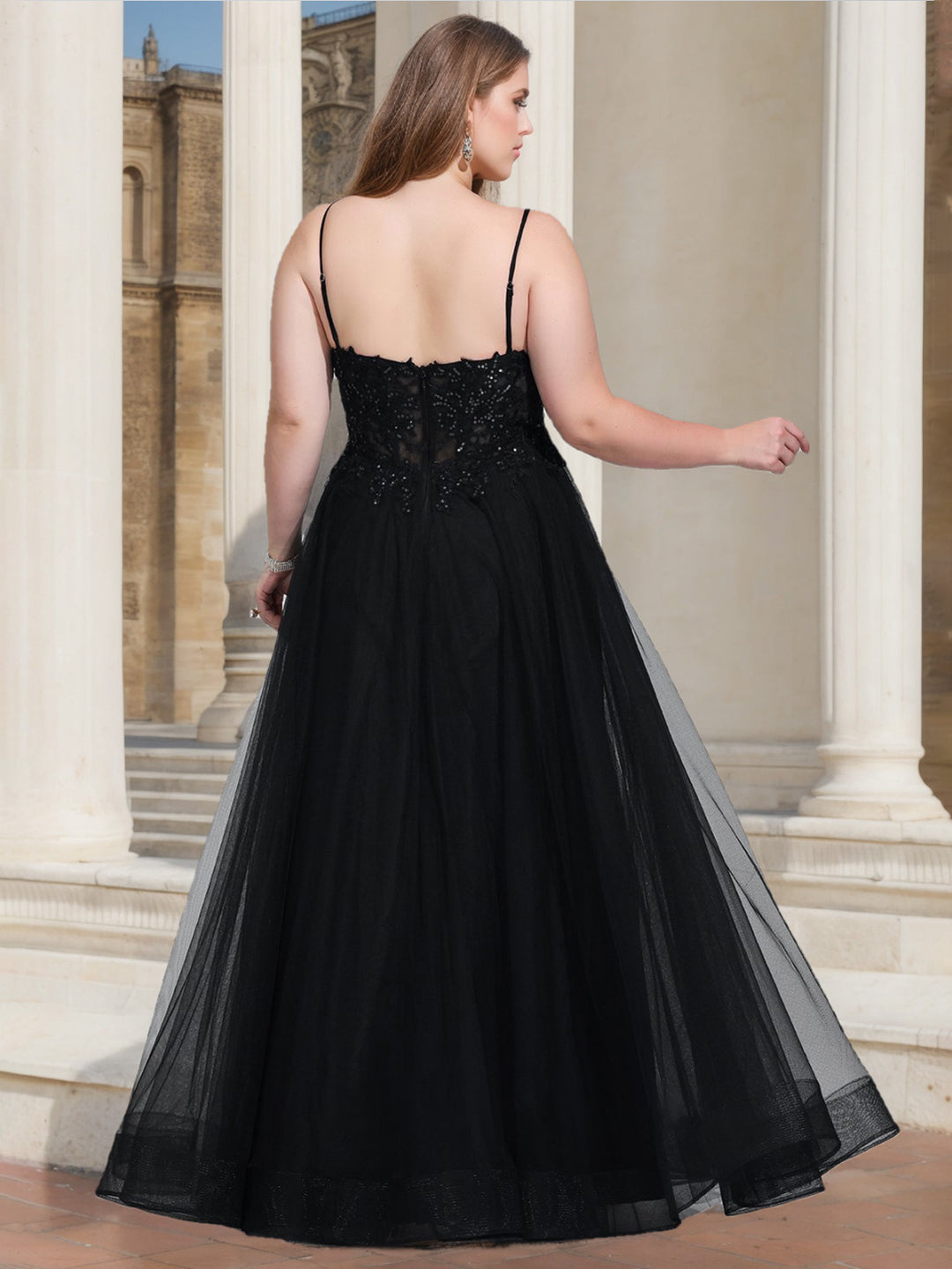 A-Line/Princess V-Neck Sleeveless Floor-Length Plus Size Prom Dresses With Sequins/Split Side BabaMila