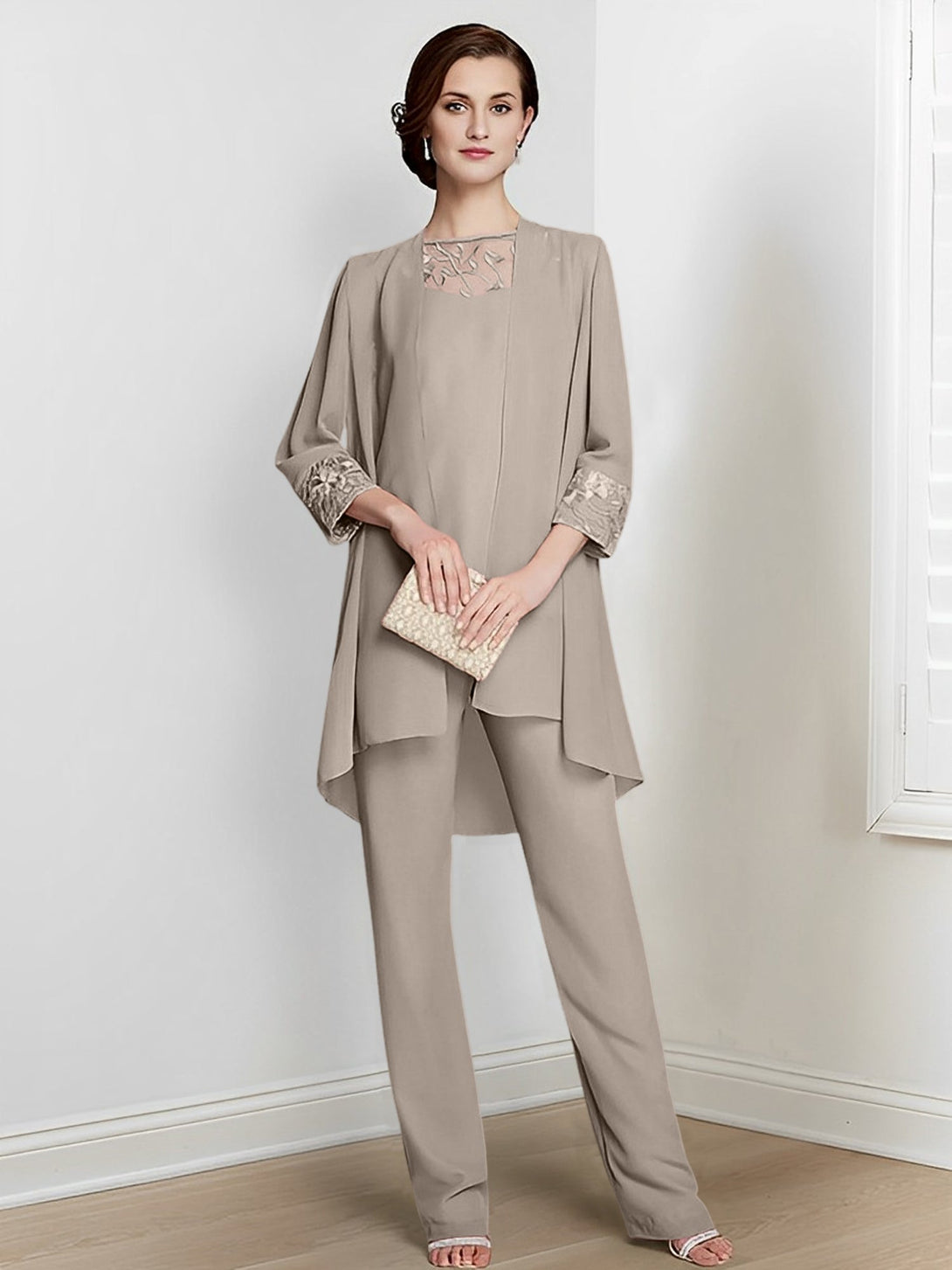 Chiffon Square Neck Long Sleeves Floor-Length Mother Of The Bride Pantsuits With Jacket BabaMila