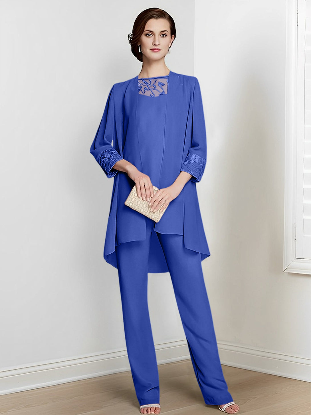 Chiffon Square Neck Long Sleeves Floor-Length Mother Of The Bride Pantsuits With Jacket BabaMila