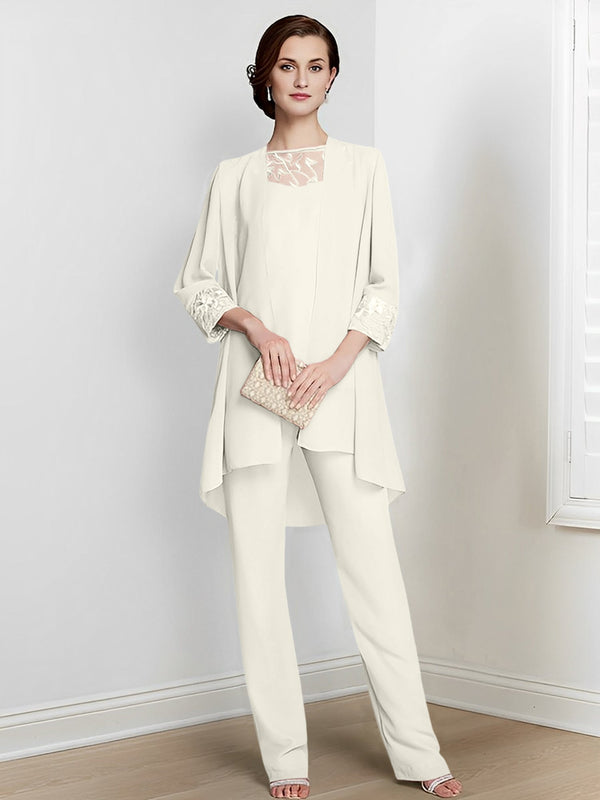 Chiffon Square Neck Long Sleeves Floor-Length Mother Of The Bride Pantsuits With Jacket BabaMila