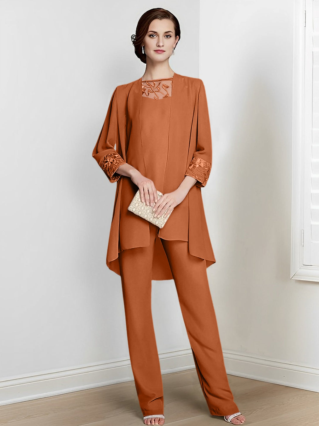 Chiffon Square Neck Long Sleeves Floor-Length Mother Of The Bride Pantsuits With Jacket BabaMila