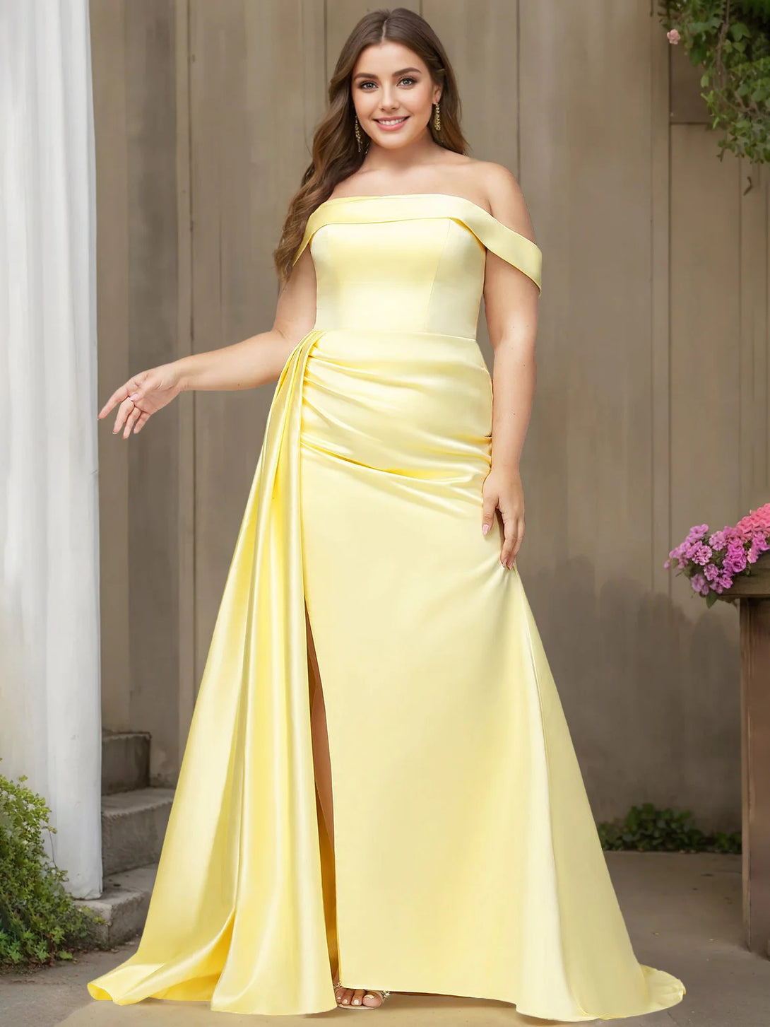 Trumpet/Mermaid Off-the-Shoulder Floor-length Plus Size Satin Prom Dresses with Split Side & Watteau Train BabaMila