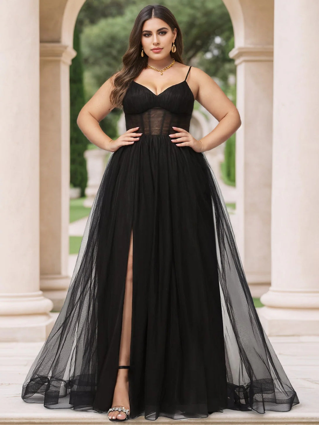 Ball Gown V-Neck Spaghetti Straps Sleeveless Floor-Length Plus Size Tulle Prom Dresses with Pleated BabaMila
