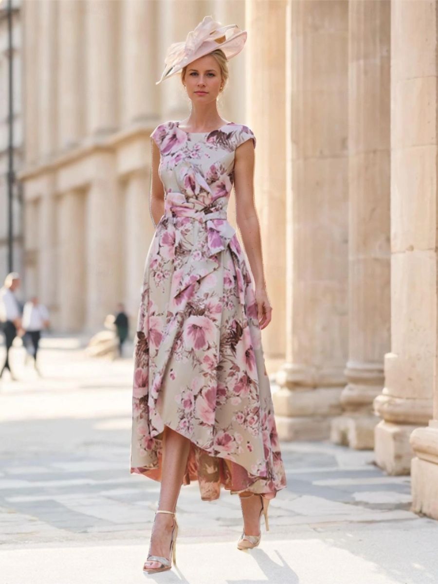 A-Line/Princess Scoop Neck Short Sleeves Printed Flower Mother Of The Bride & Groom Dresses BabaMila