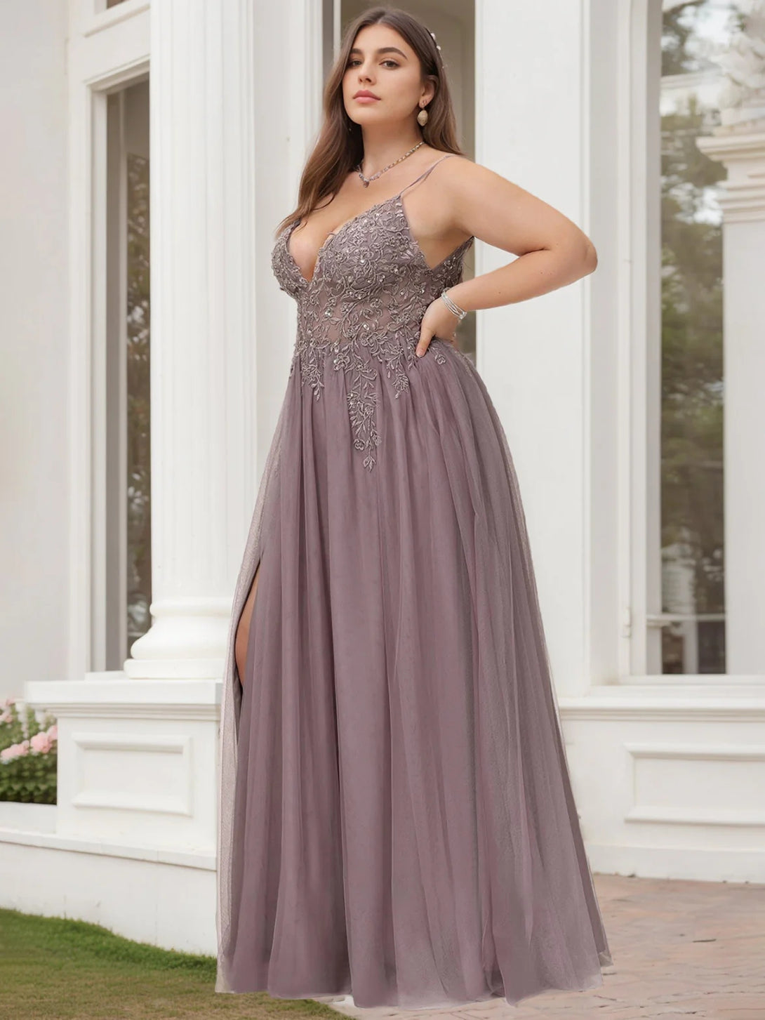 A-Line/Princess V-Neck Sleeveless Floor-Length Lace Tulle Plus Size Prom Dresses With Beads & Sequins BabaMila