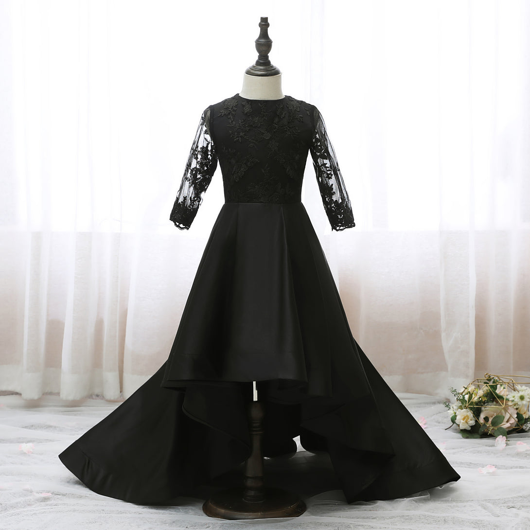 Boat Neck Long Sleeve Floor-Length Asymmetrical Lace/Satin Girls Birthday Dresses Gidiondress