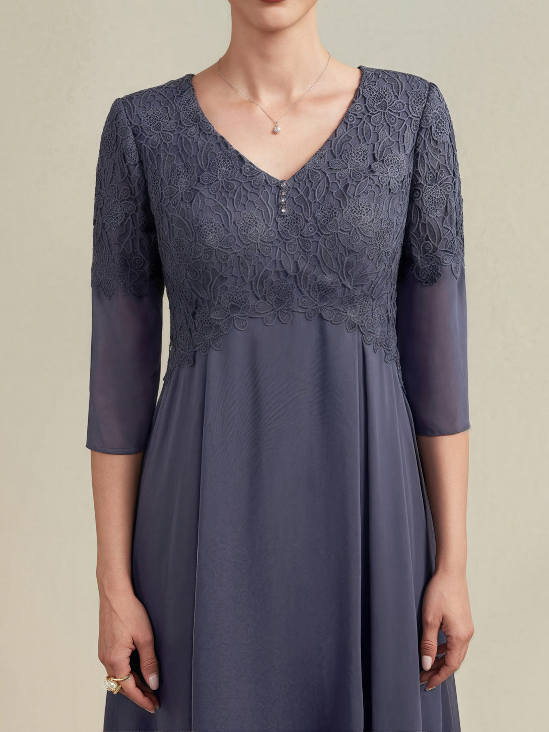 A-Line V-Neck 3/4 Sleeve Tea-Length Chiffon/Lace Mother of the Bride Dress With Appliques BabaMila
