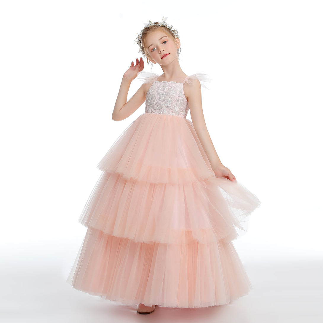 Ball Gown/Princess Flutter straps Scoop Neck Floor-Length Satin/Tulle Flower Girl Dresses With Appliques/Ribbon Girls Gidiondress