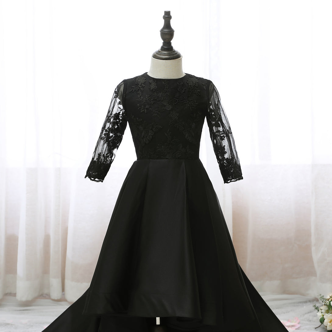 Boat Neck Long Sleeve Floor-Length Asymmetrical Lace/Satin Girls Birthday Dresses Gidiondress