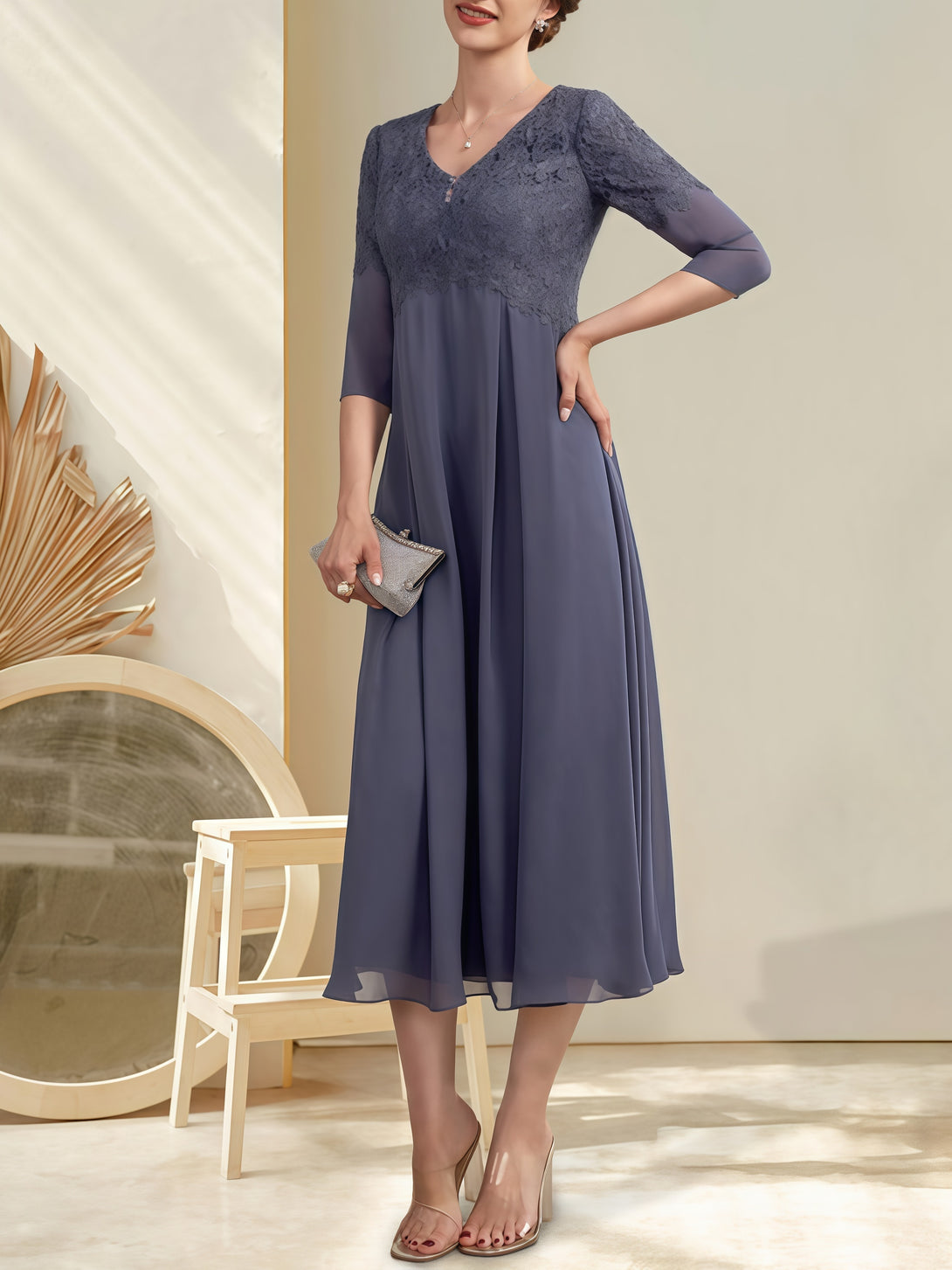 A-Line V-Neck 3/4 Sleeve Tea-Length Chiffon/Lace Mother of the Bride Dress With Appliques BabaMila