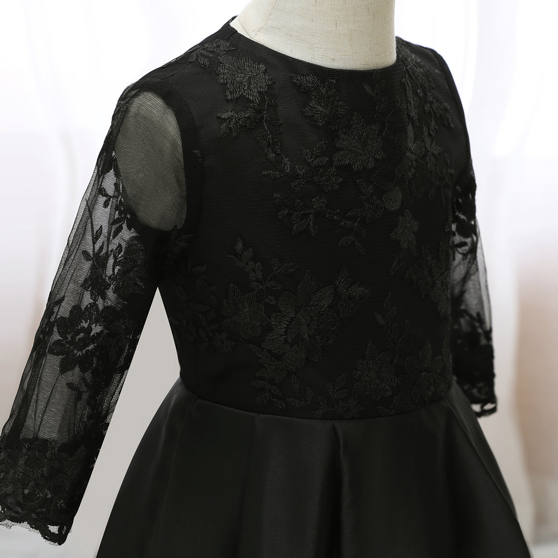 Boat Neck Long Sleeve Floor-Length Asymmetrical Lace/Satin Girls Birthday Dresses Gidiondress